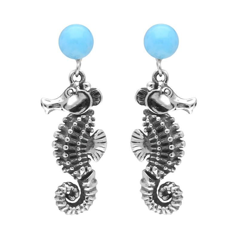 Sterling Silver Small Stone Larimar Seahorse Drop Earrings