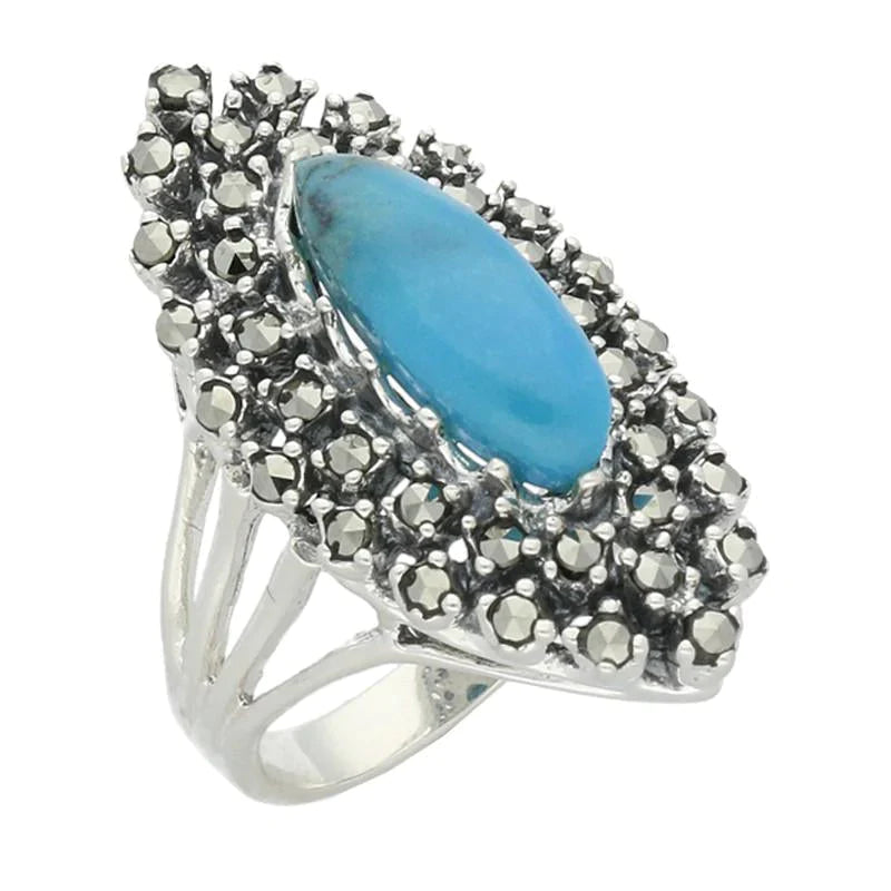 Sterling Silver Turquoise Marcasite Double Marquise Ring