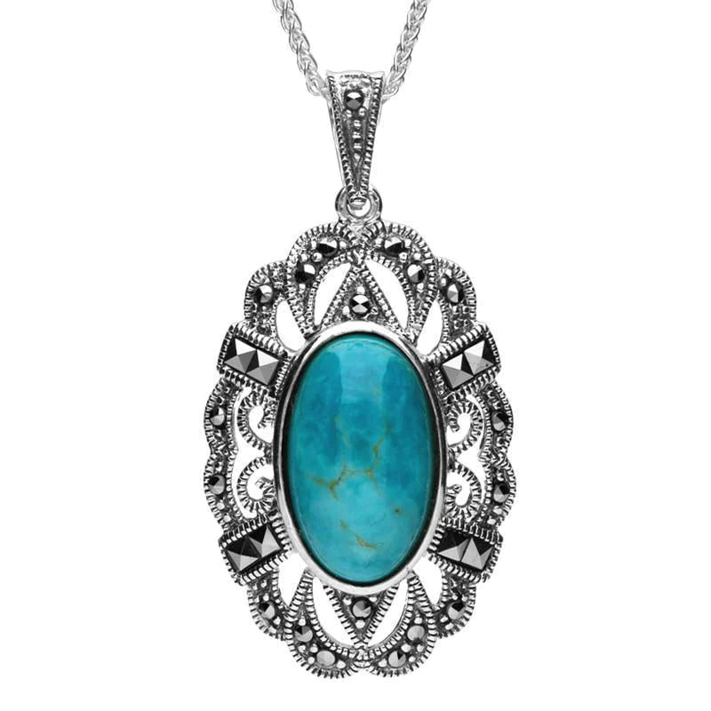 Sterling Silver Turquoise Marcasite Lace Edged Oval Necklace