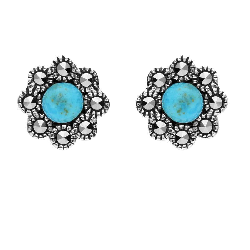 Sterling Silver Turquoise Marcasite Round Edge Bead Stud Earrings