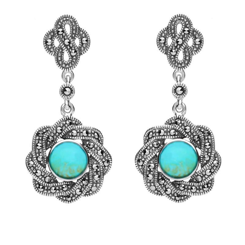 Sterling Silver Turquoise Marcasite Overlap Ribbon Drop Earrings
