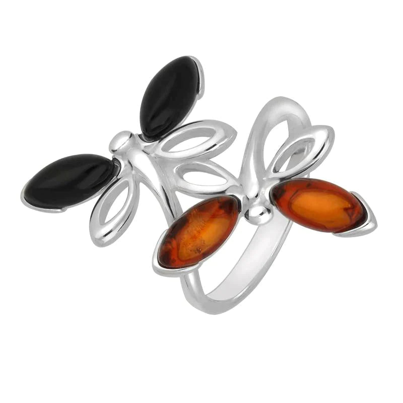 Sterling Silver Whitby Jet Amber Double Dragonfly Ring