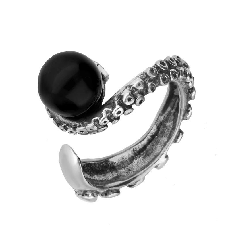 Sterling Silver Whitby Jet Bead Swirl Tentacle Ring