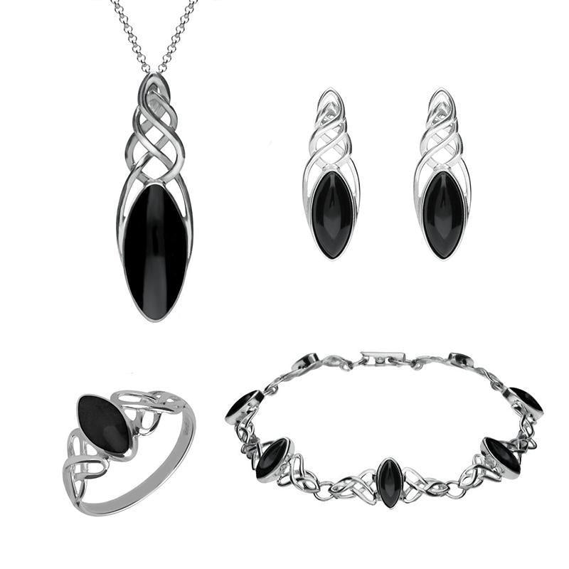 Sterling Silver Whitby Jet Celtic Marquise Piece Set