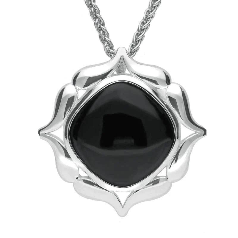 Sterling Silver Whitby Jet Cushion Fancy Edge Necklace