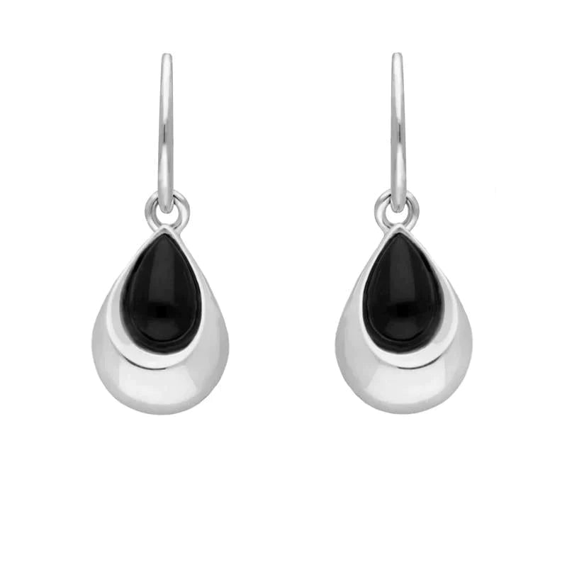 Sterling Silver Whitby Jet Half Stone Teardrop Earrings