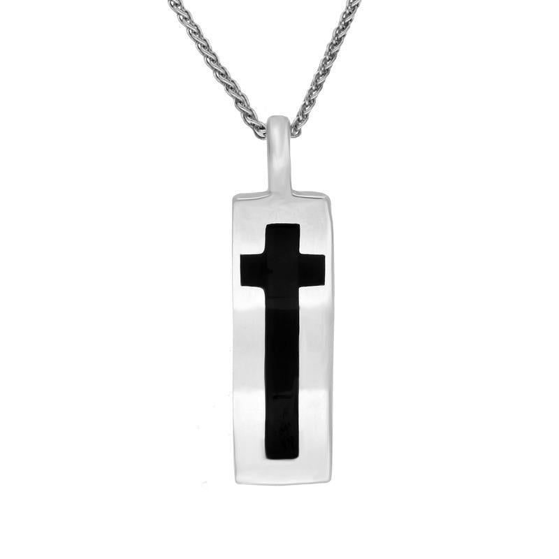 Sterling Silver Whitby Jet Inlaid Cross Wavy Oblong Necklace D
