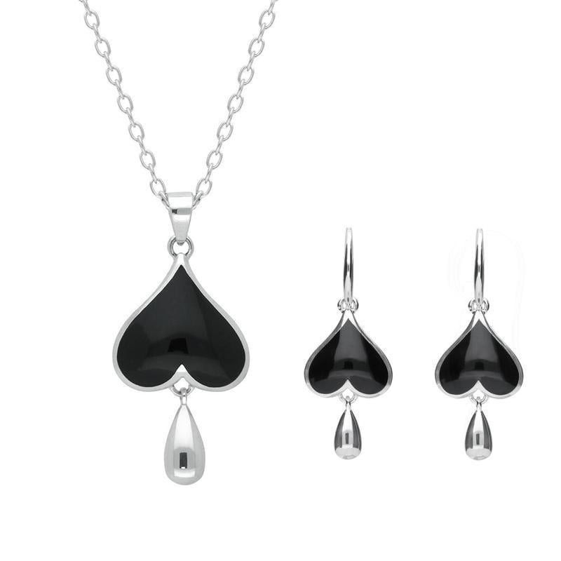 Sterling Silver Whitby Jet Inverted Heart Two Piece Set