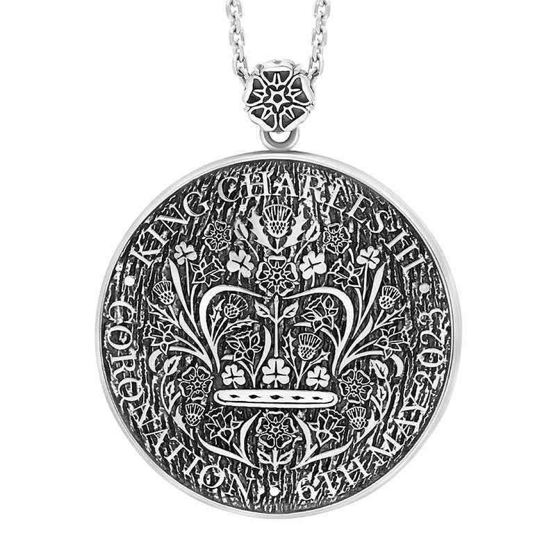 Sterling Silver Whitby Jet King’s Coronation Hallmark Large Round Crown Emblem Necklace