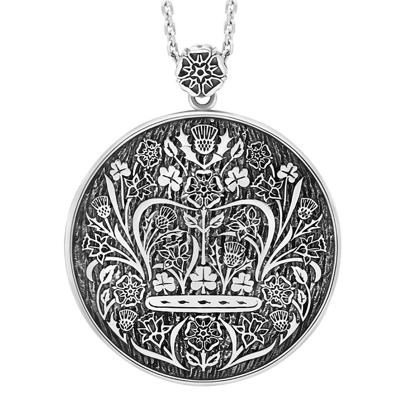 Sterling Silver Whitby Jet King’s Coronation Hallmark Round Crown Emblem Necklace D