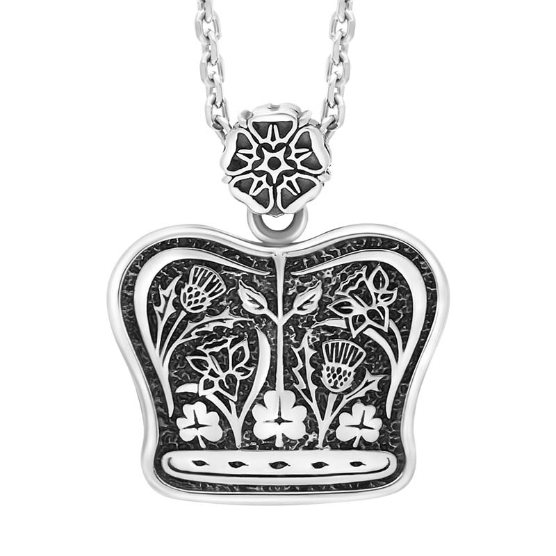Sterling Silver Whitby Jet King’s Coronation Hallmark Small Crown Emblem Necklace D