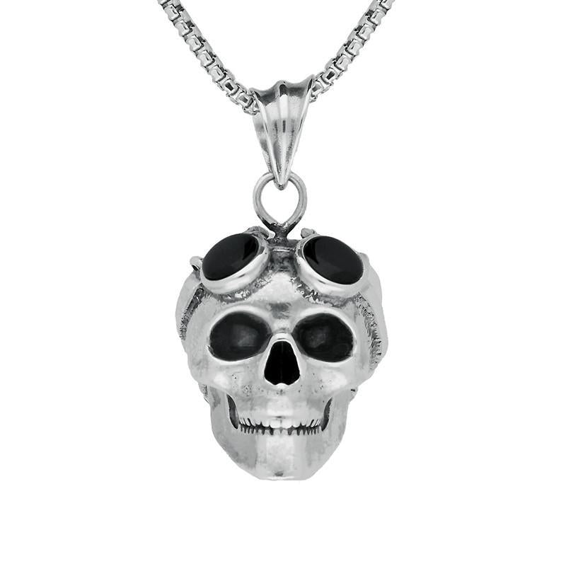 Sterling Silver Whitby Jet Large Skull Goggles Necklace