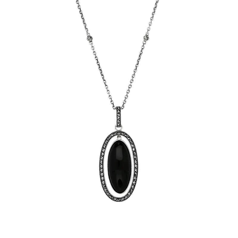 Sterling Silver Whitby Jet Marcasite Double Oval Dangle Necklace