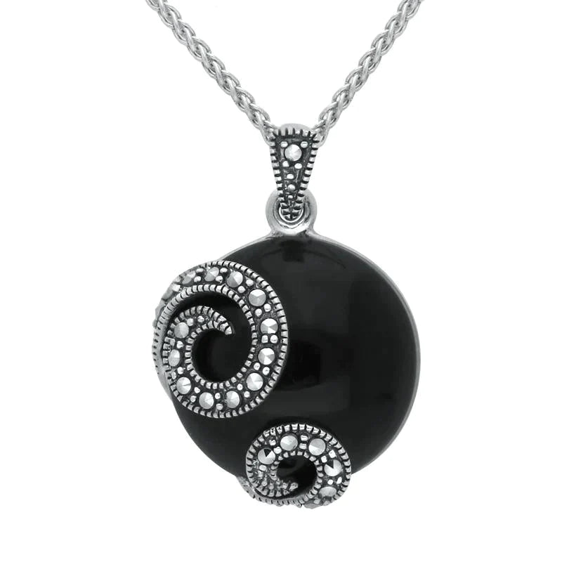 Sterling Silver Whitby Jet Marcasite Double Spiral Round Necklace