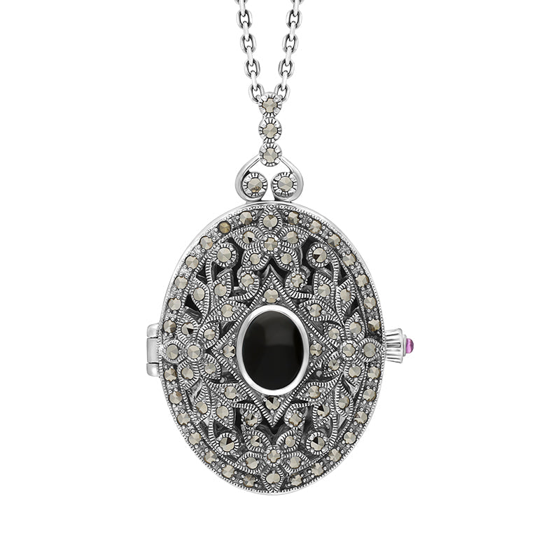 Sterling Silver Whitby Jet Marcasite Large Oval Flower Edge Locket Necklace