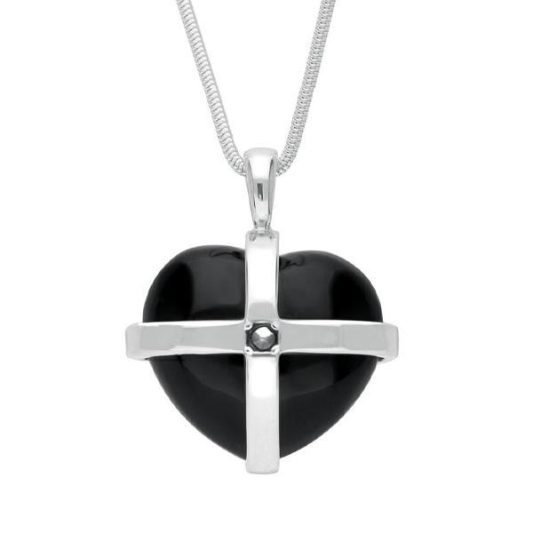 Sterling Silver Whitby Jet Marcasite Medium Cross Heart Necklace