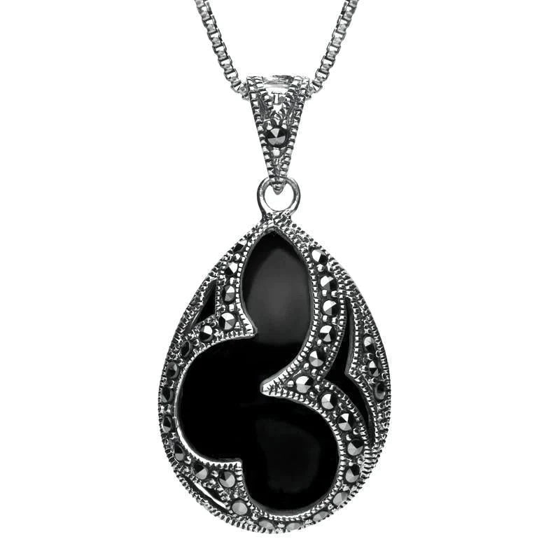 Sterling Silver Whitby Jet Marcasite Pear Drop Necklace