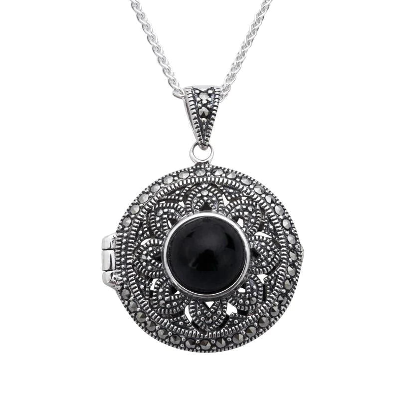 Sterling Silver Whitby Jet Marcasite Round Floral Locket Necklace