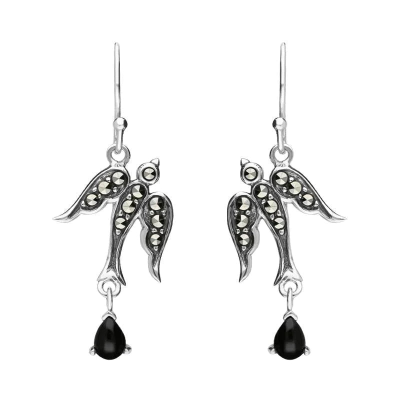 Sterling Silver Whitby Jet Marcasite Swallow Drop Earrings