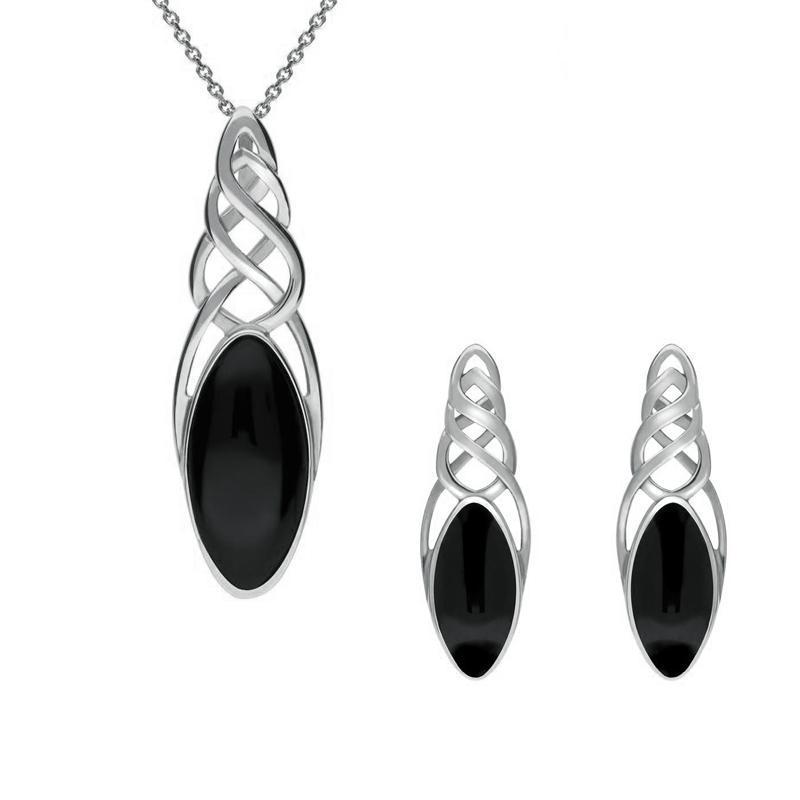 Sterling Silver Whitby Jet Marquise Pierced Long Two Piece Set