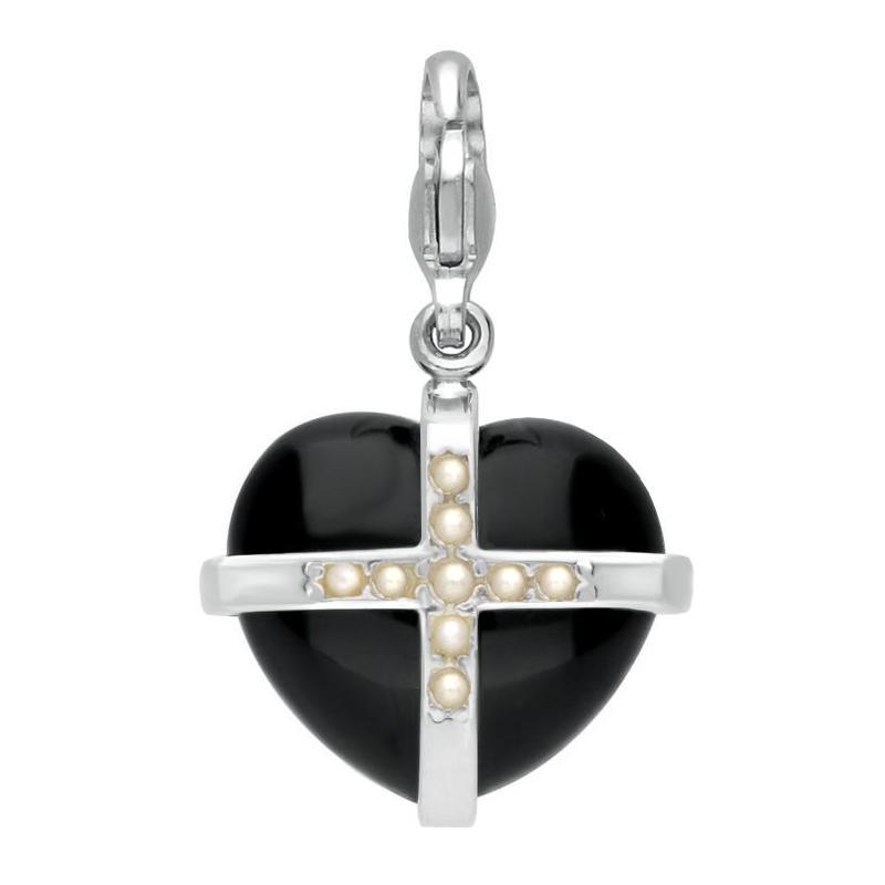 Sterling Silver Whitby Jet Nine Pearl Medium Cross Heart Charm