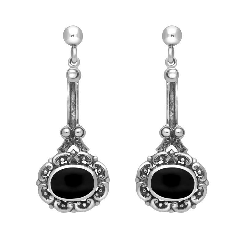 Sterling Silver Whitby Jet Ornate Antique Oval Drop Earrings