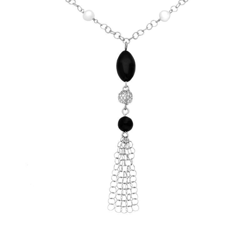 Sterling Silver Whitby Jet & Pearl Tassel Necklace D