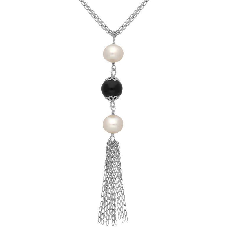Sterling Silver Whitby Jet Pearl Triple Bead Tassel Necklace D
