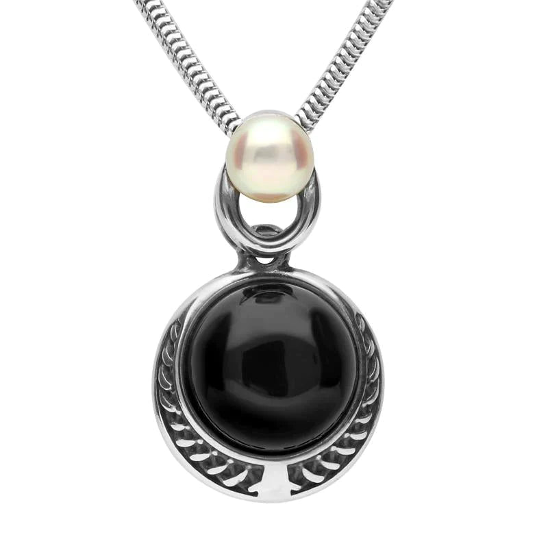 Sterling Silver Whitby Jet Pearl Two Stone Rope Edge Necklace