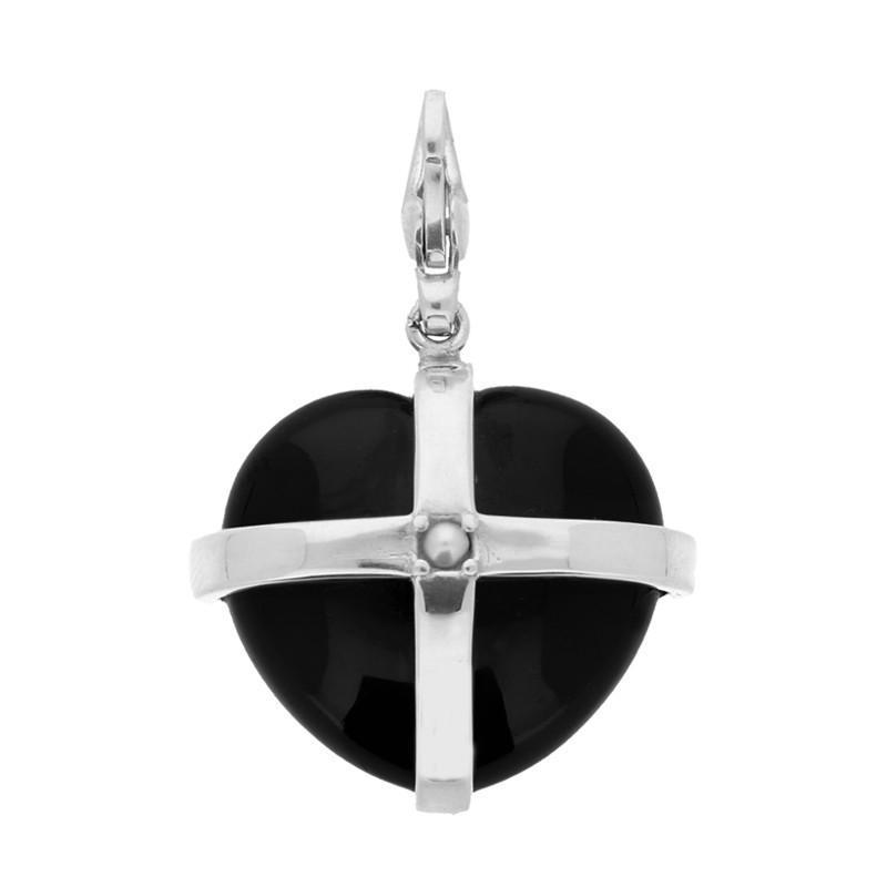 Sterling Silver Whitby Jet & Single Pearl Medium Cross Heart Charm