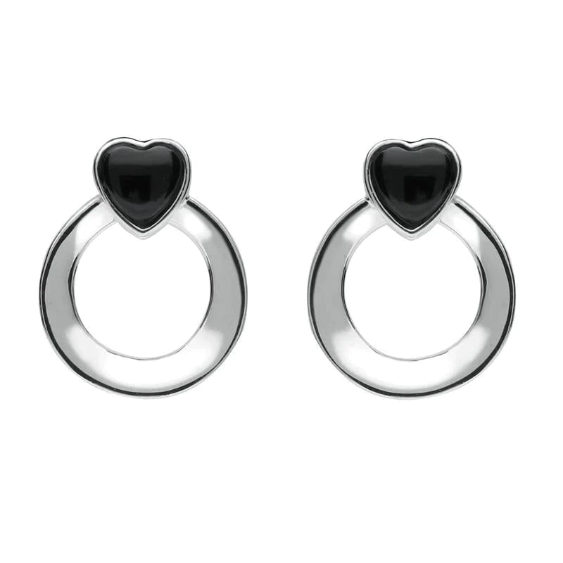 Sterling Silver Whitby Jet Small Heart Circle Stud Earrings