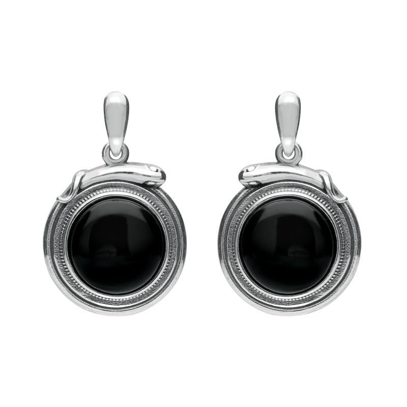 Sterling Silver Whitby Jet Small Round Snake Edge Drop Earrings