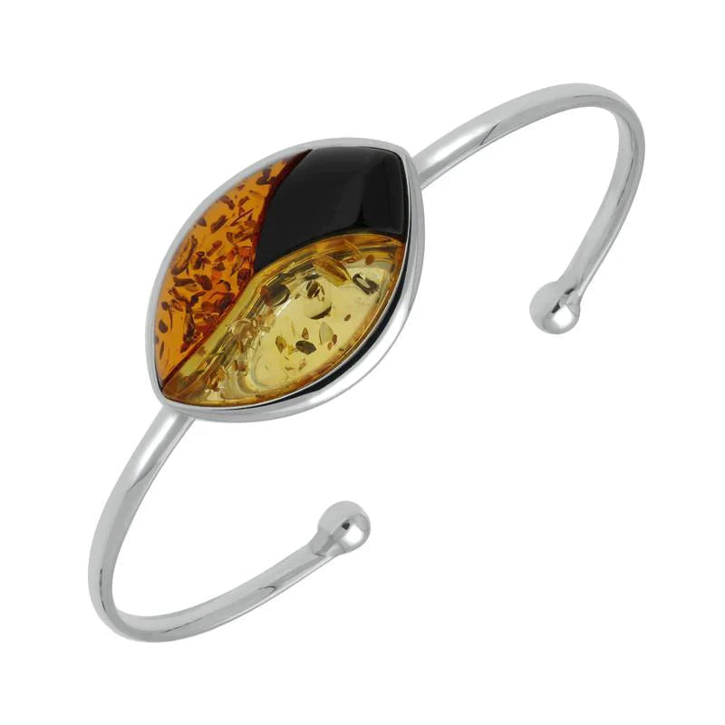 Sterling Silver Whitby Jet Amber Three Stone Marquise Torc Bangle