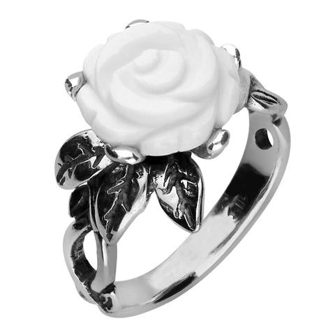 Sterling Silver White Agate Tuberose 10mm Rose Leaf Twist Ring