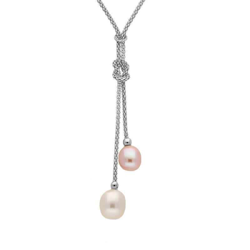 Sterling Silver White Peach Pearl Two Stone Knot Drop Necklace