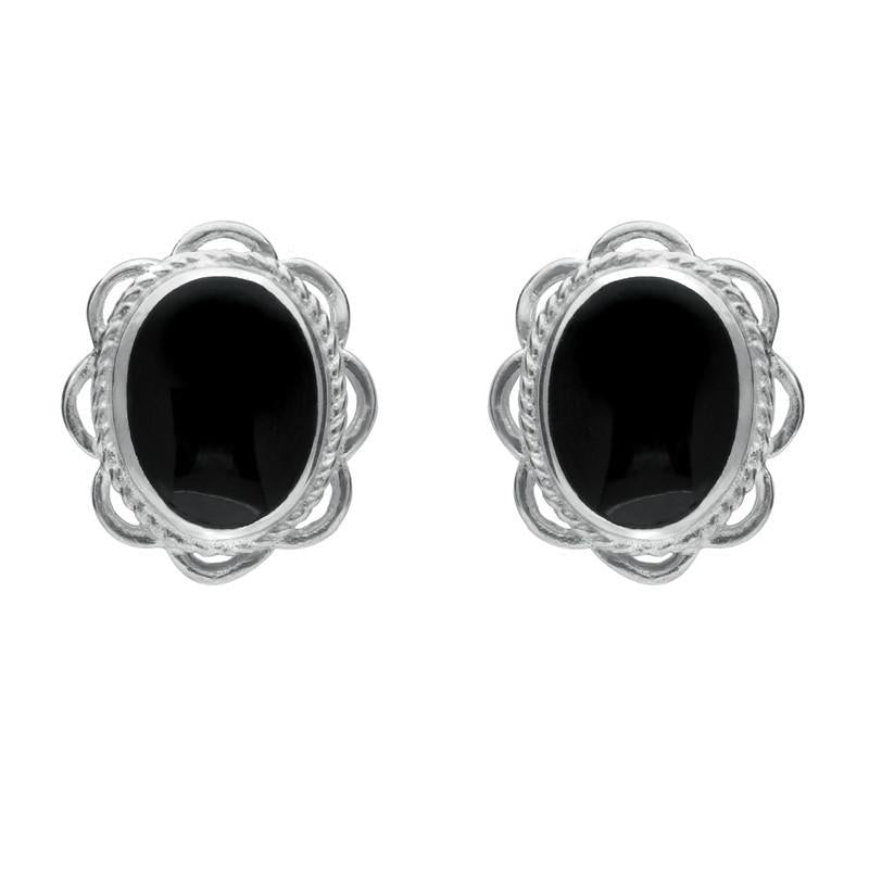 Sterling Silver Whitby Jet Large Rope Oval Frill Stud Earrings