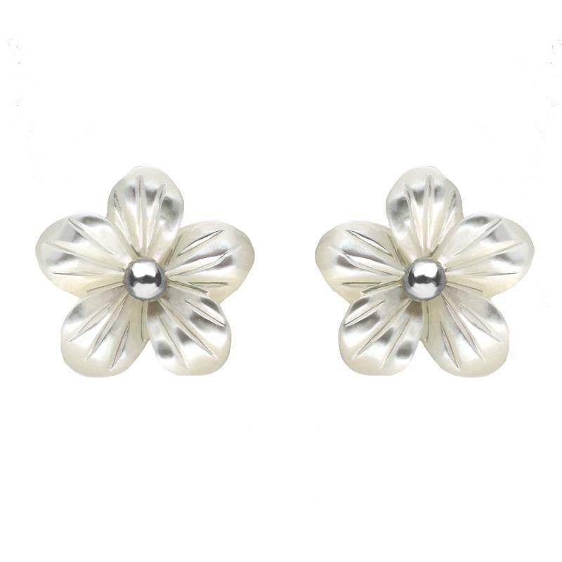 Sterling Silver White Mother of Pearl Large Tuberose 10mm Pansy Stud Earrings
