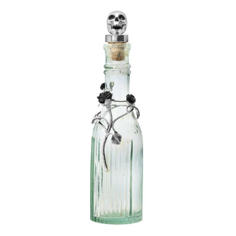 Sterling Silver Whitby Jet Skull Roses Glass Bottle D