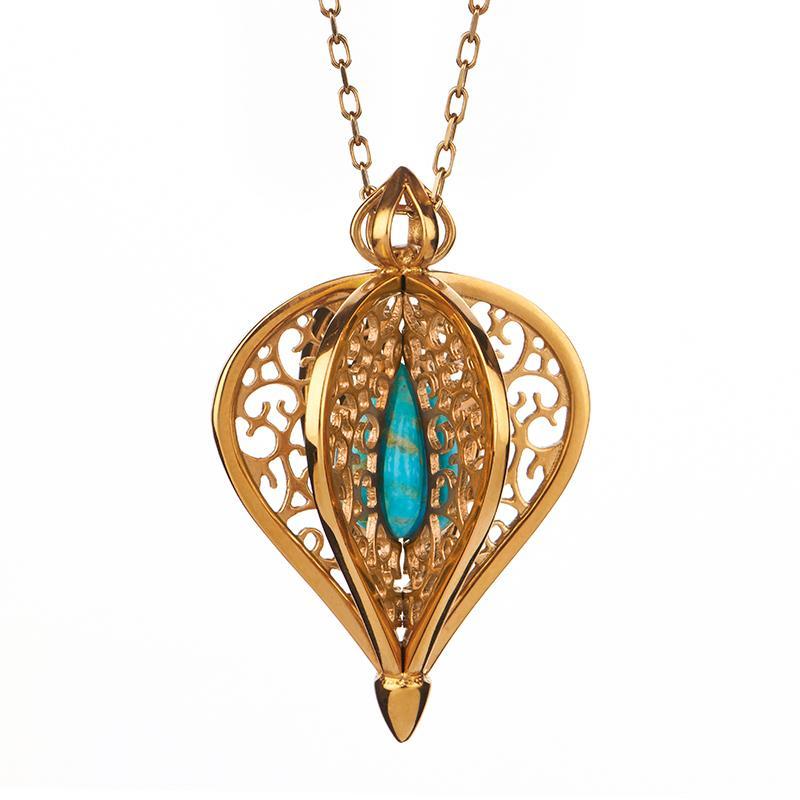 Yellow Gold Plated Sterling Silver Turquoise Flore Filigree Small Necklace