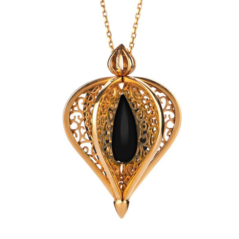 Yellow Gold Plated Sterling Silver Whitby Jet Flore Filigree Droplet Necklace