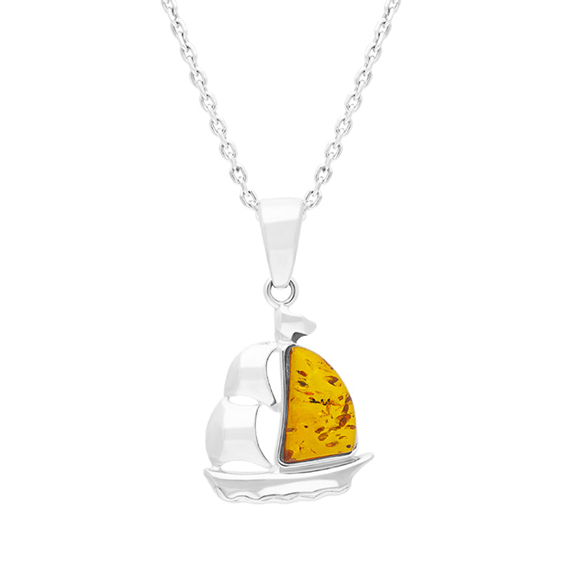 Sterling Silver Amber Ship Pendant Necklace D