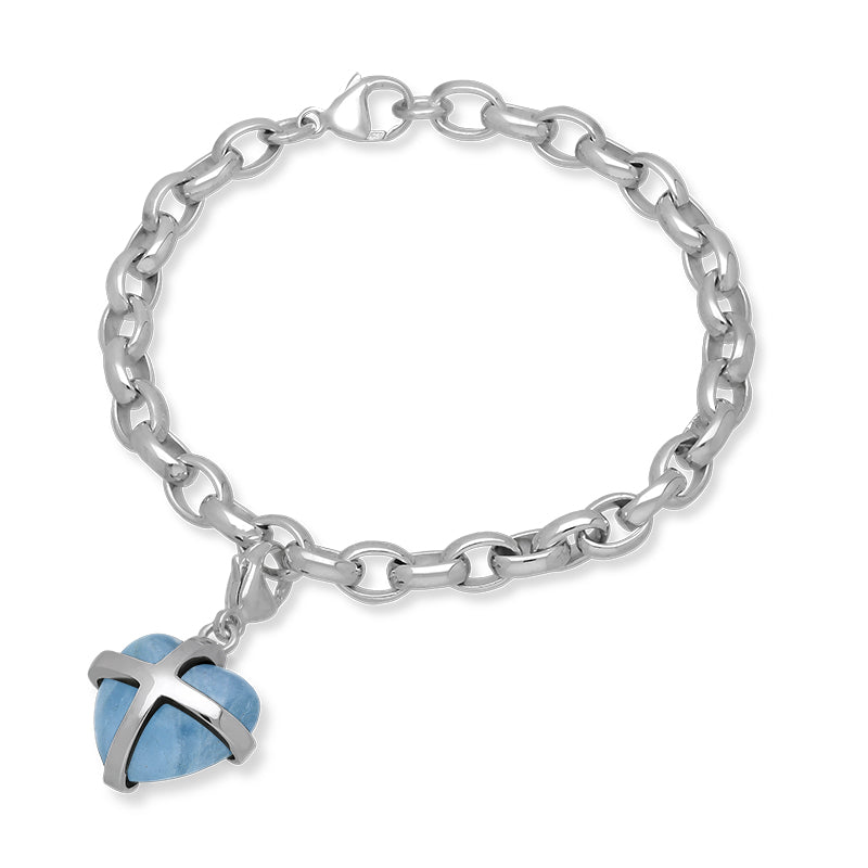 Sterling Silver Aquamarine Medium Cross Heart Charm Bracelet