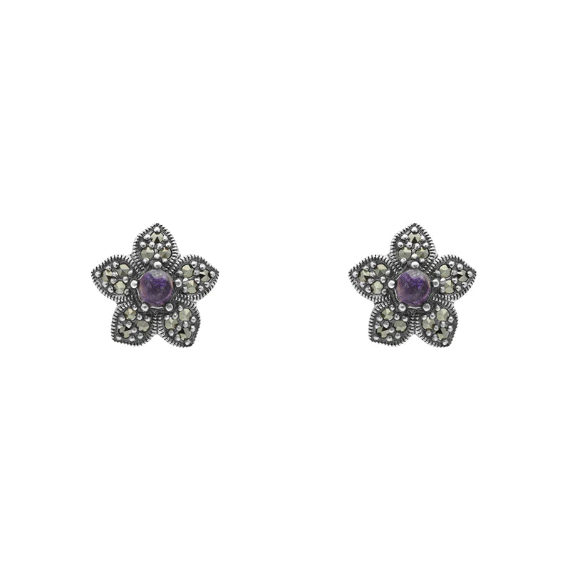 Sterling Silver Blue John Marcasite Flower Stud Earrings