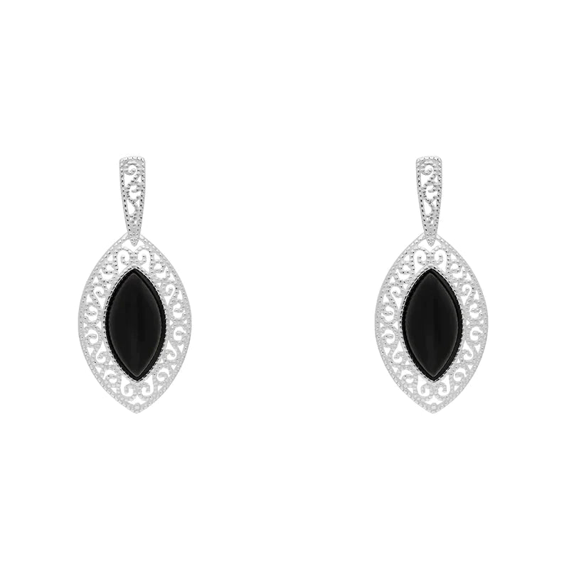 Sterling Silver Whitby Jet Marquise Drop Earrings