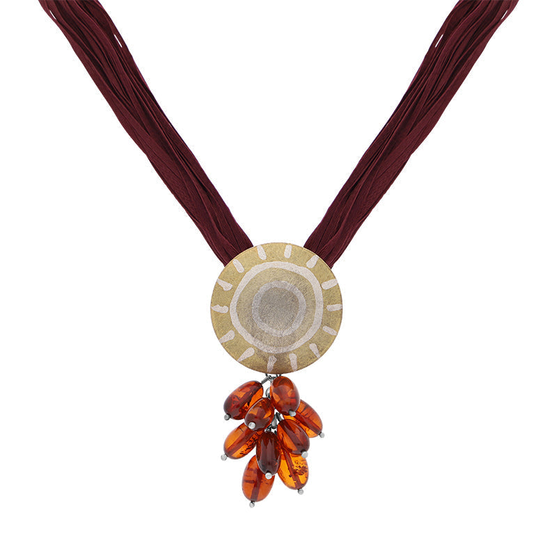 Sterling Silver Amber On Red Silk Necklace D