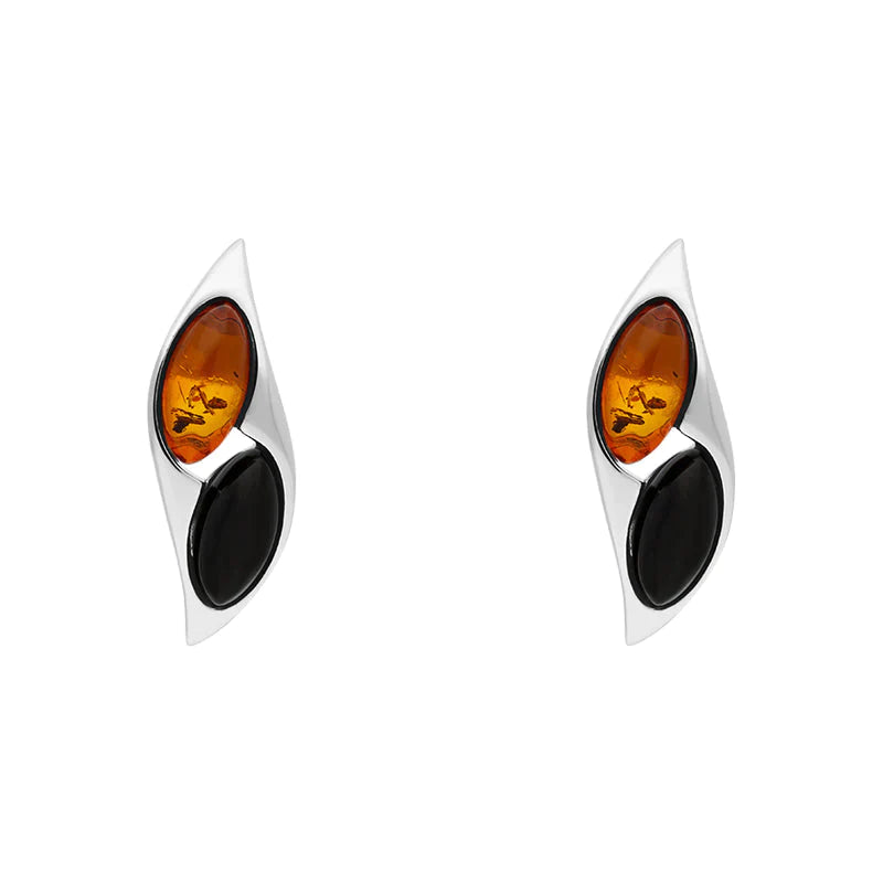 Sterling Silver Amber Whitby Jet Marquise Stud Earrings