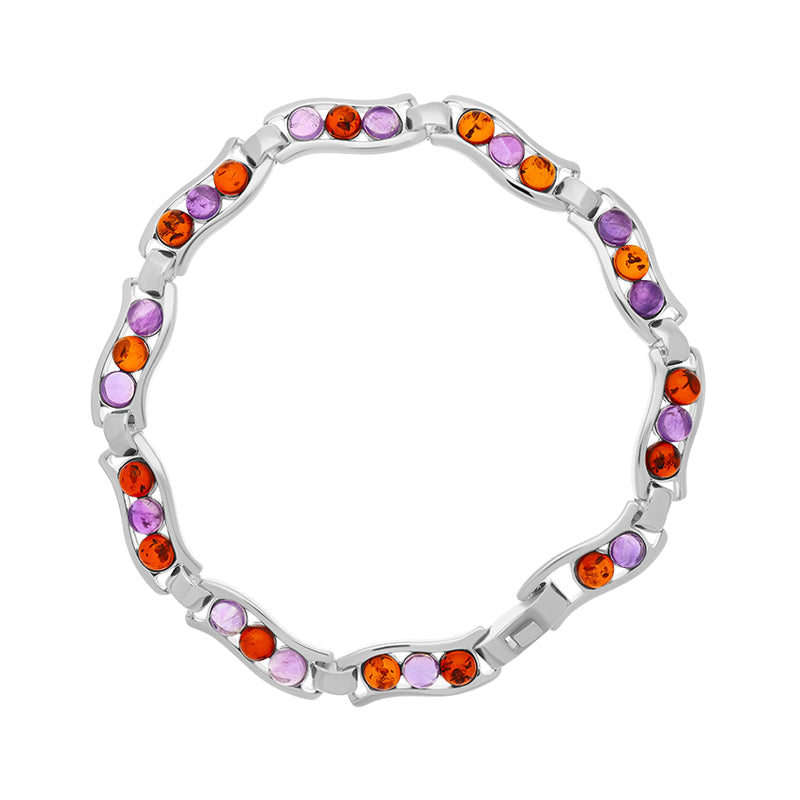 Sterling Silver Amber Amethyst Round Ten Stone Wavy Link Bracelet D