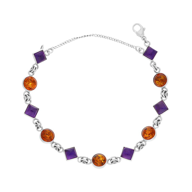 Sterling Silver Amber Amethyst Square Round Eleven Stone Link Bracelet D