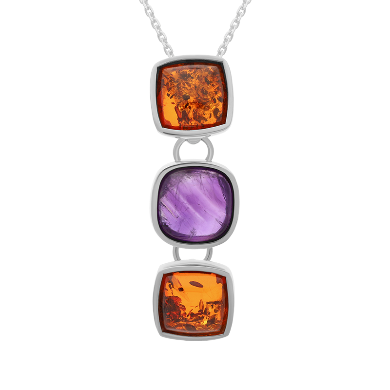 Sterling Silver Amber Amethyst Three Cushion Drop Necklace D