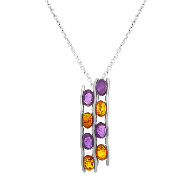 Sterling Silver Amber Amethyst Wavy Oblong Necklace D